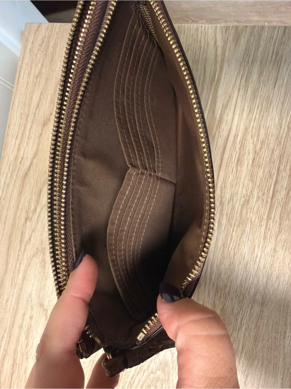 Coach Signature C Double Zip Wristlet Brown Tan Gold